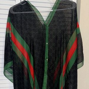 Designer-Inspired GG Monogram Black Sheer V-Neck Top with Green & Red Stripes